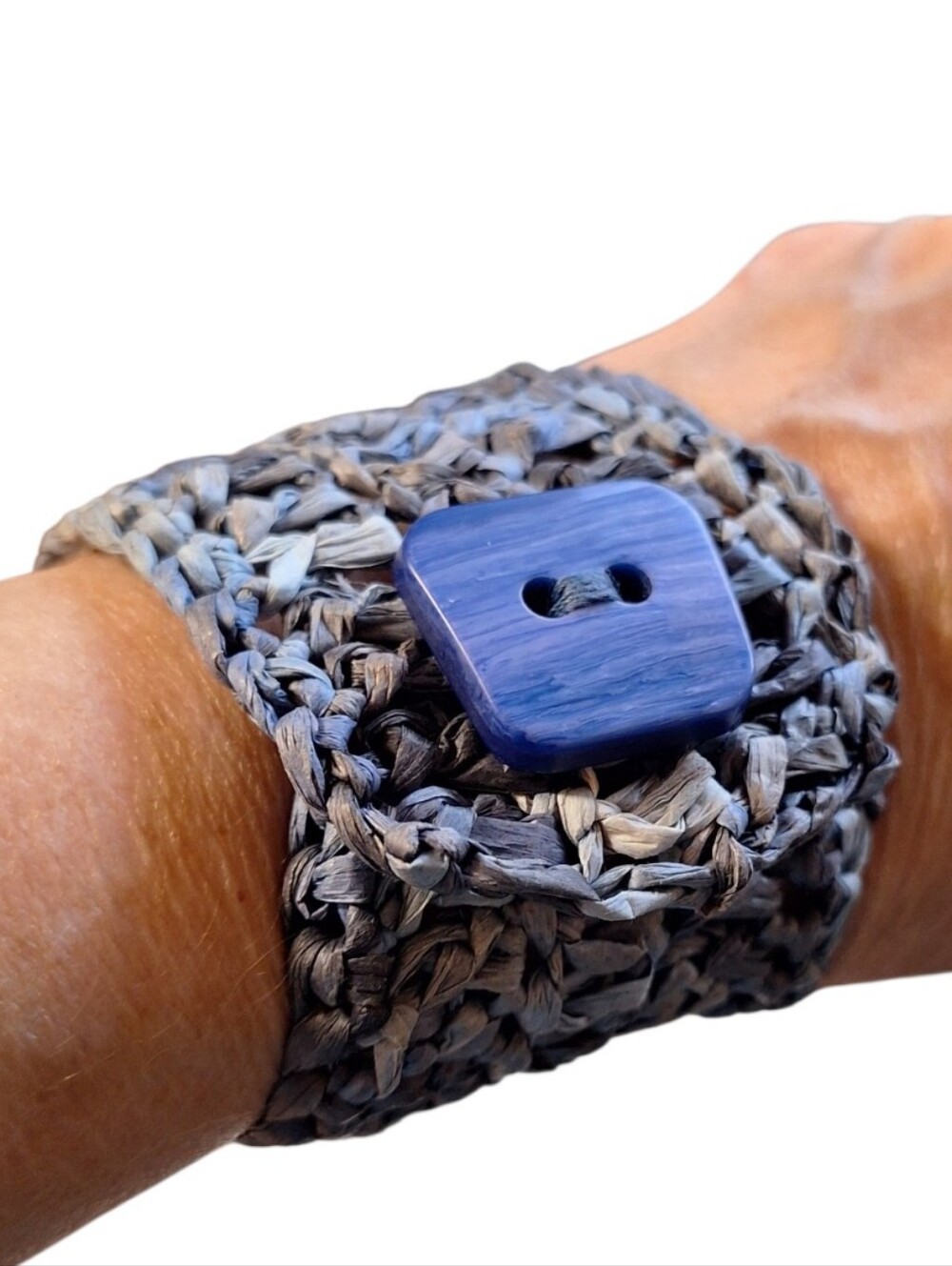 Handmade Crocheted Cuff Bracelet with Blue Button Woven Bohemian BEACHY